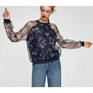 Zara Basics Navy Sheer Floral Pullover Blouse